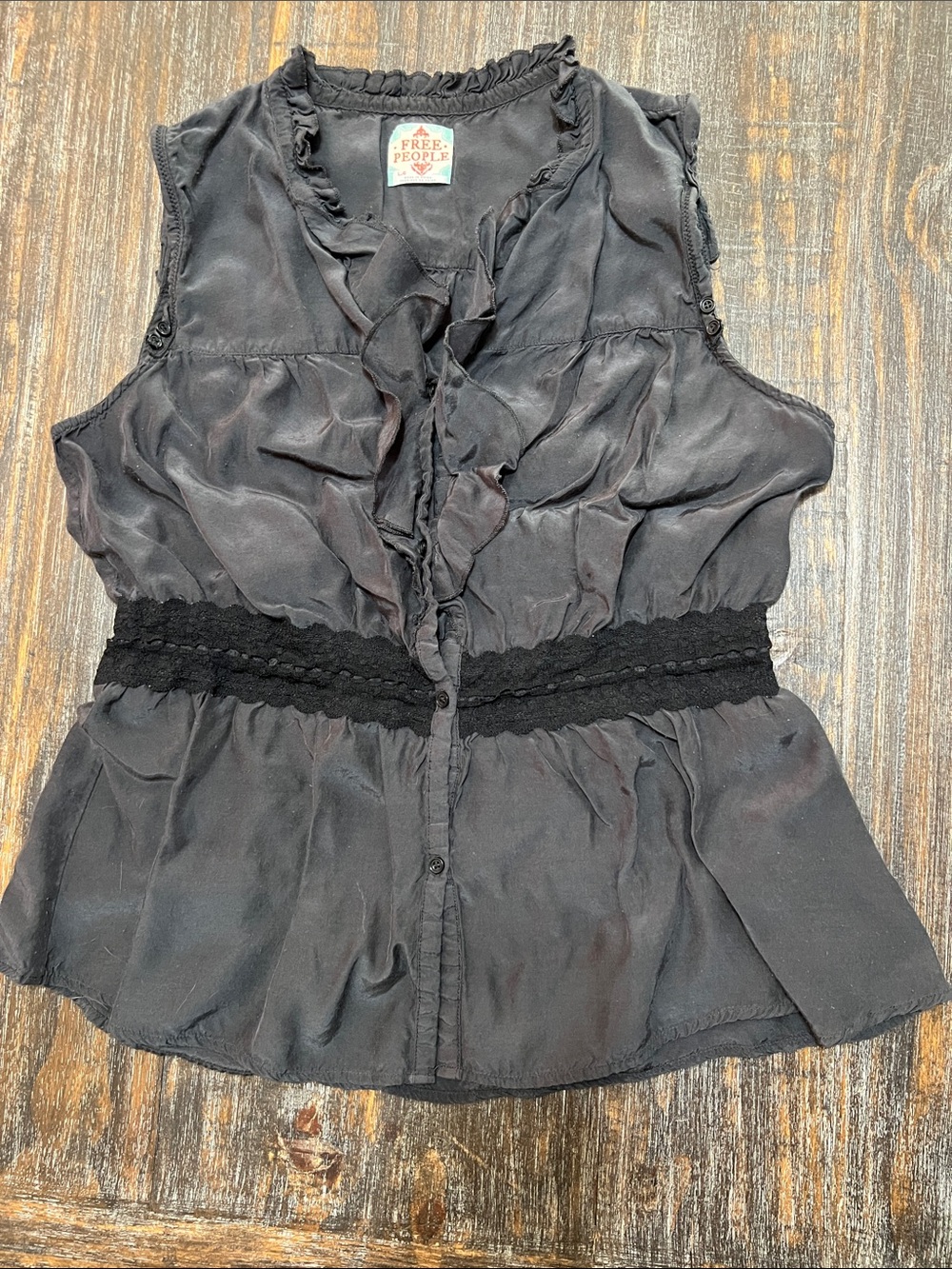 Free People Black Ruffled Sleeveless Button-Front Blouse